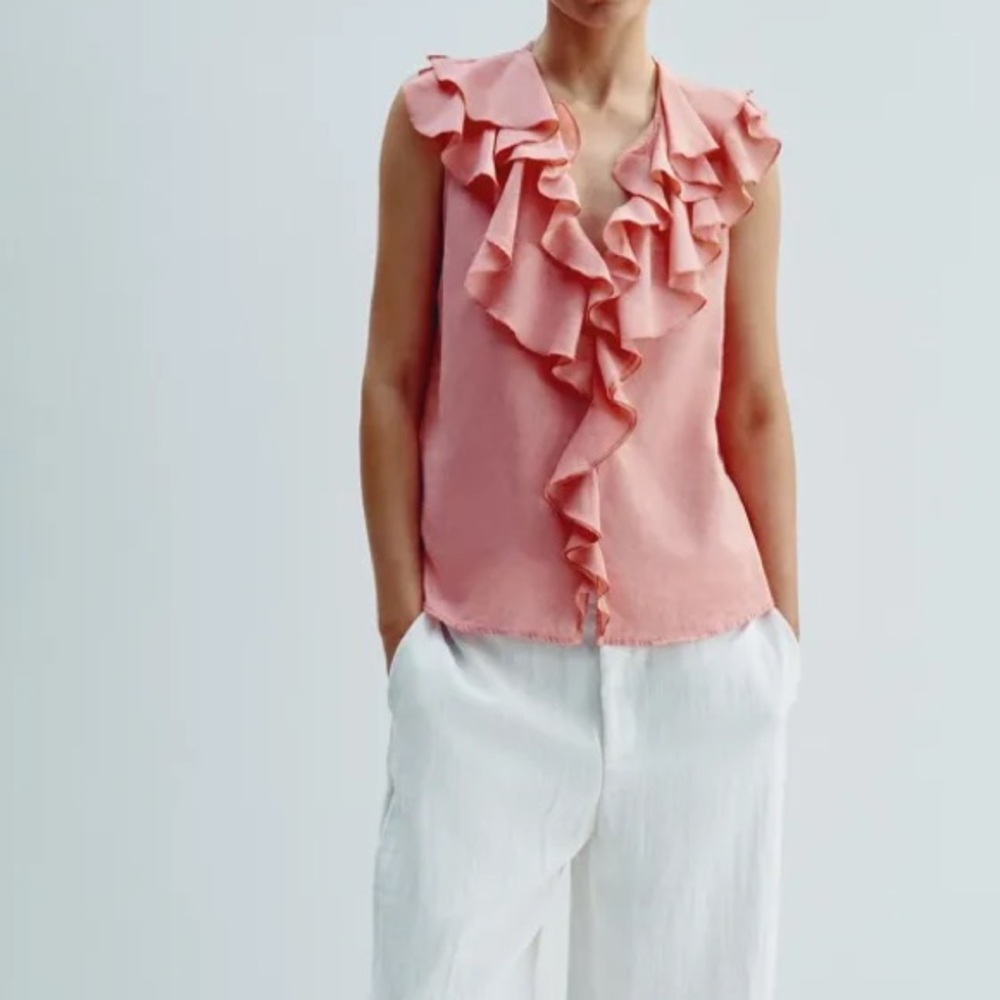 ZARA COTTON LINEN SLEEVELESS RUFFLE BLOUSE TOP S - Picture 3 of 5